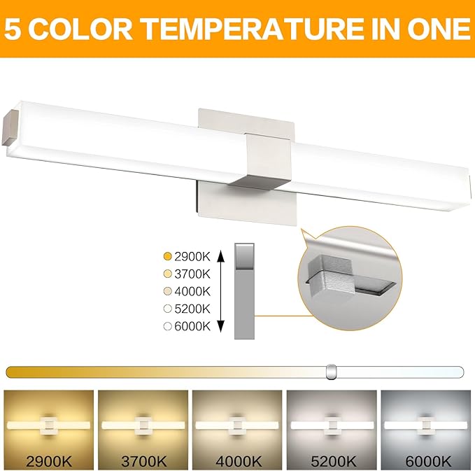 Bathroom Light Fixtures Brushed Nickel : 24 Inch Dimmable Modern Minimalist LED Vanity Light Bar Moisture-Proof 5CCT
