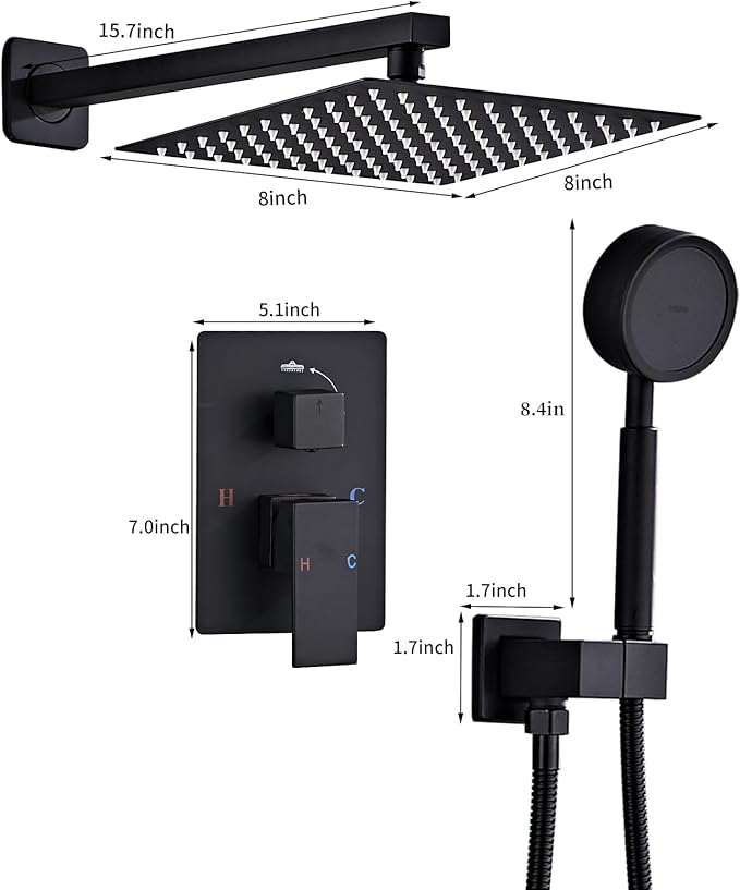 Matte Black Rainfall Shower Head, Wall Mounted 8 Inch Shower Heads with Handheld Spray Combo, Luxury Bathroom Square Rain Shower System, Solid Brass Pressure Balancd Shower Faucet Valve