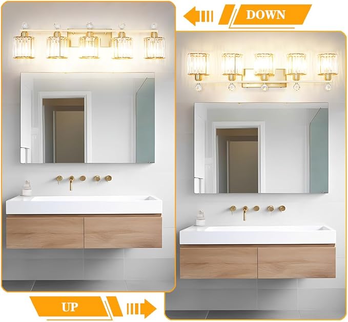 Bathroom Vanity Light Fixtures 5-lights, Gold Crystal Vanity Lights for Bath, Bathroom Lights Fixture with Clear Crystal Glass Shade, Modern Wall Light over Mirror, Wall Sconces Light for Hallway