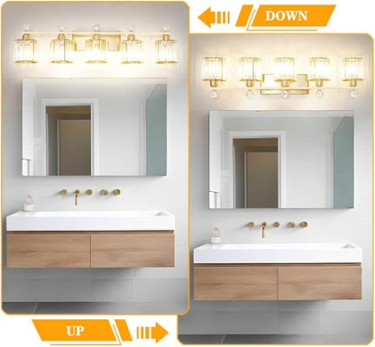 Bathroom Vanity Light Fixtures 5-lights, Gold Crystal Vanity Lights for Bath, Bathroom Lights Fixture with Clear Crystal Glass Shade, Modern Wall Light over Mirror, Wall Sconces Light for Hallway