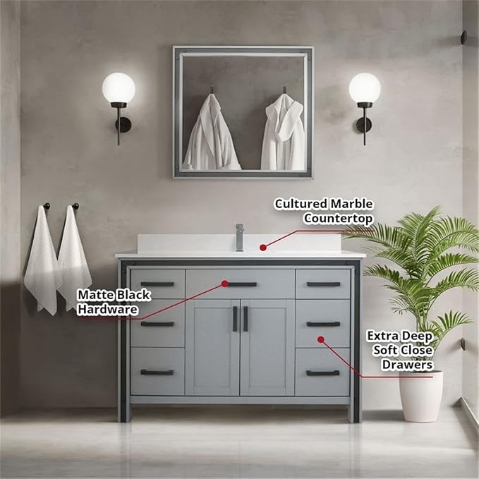 Ziva 48 in W x 22 in D Dark Grey Bath Vanity and Cultured Marble Top