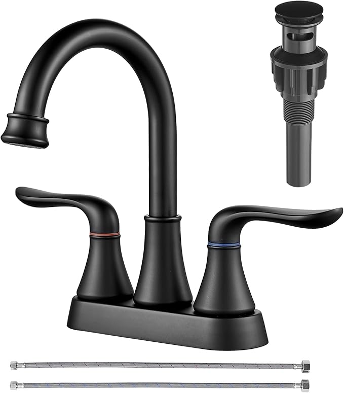 Bathroom Faucets for Sink 3 Hole, 4 inch Matte Black with Pop-up Drain and 2 Supply Hoses 2 Handle Centerset Faucet for Sink Vanity