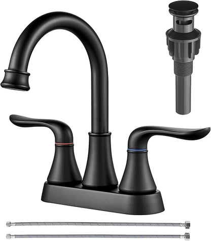 Bathroom Faucets for Sink 3 Hole, 4 inch Matte Black with Pop-up Drain and 2 Supply Hoses 2 Handle Centerset Faucet for Sink Vanity