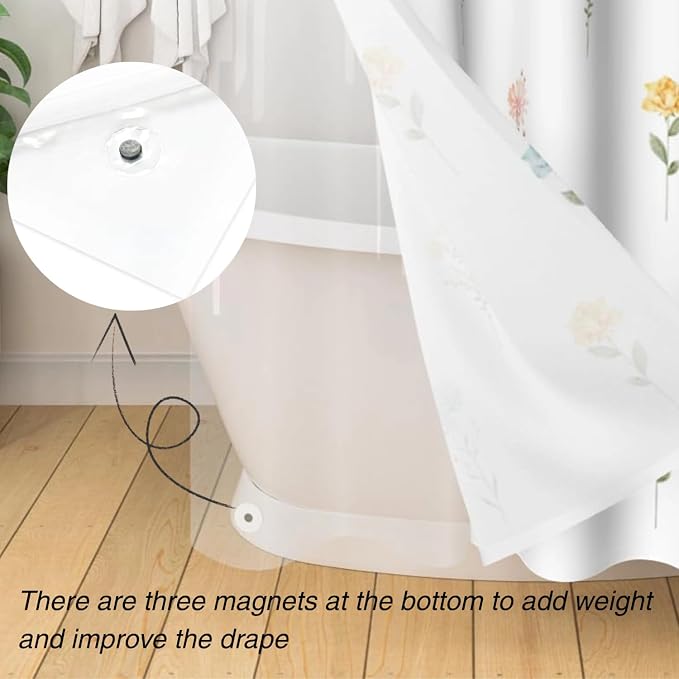 3 in 1 Shower Curtain Set, Botanical Floral | Polyester Bath Curtain with Magnetic PEVA Liner and 12 Double Sided Stainless Steel Hooks 72x72 Inches