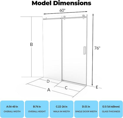 56" - 60" W x 76" H Frameless Sliding Shower Door with Handle, 5/16" (8mm) Clear Explosion-Proof Tempered Glass, Waterproof Seal Strip, Brushed Nickel Finish