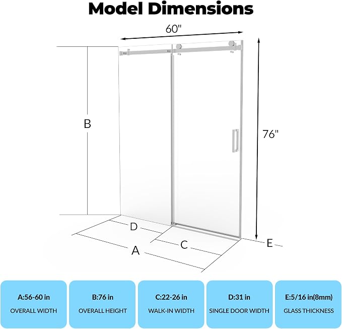 Garvee Sliding Shower Door 56-60 inch W x 76 inch H | Frameless Glass Shower Door with Square Stainless Steel Rail, 8mm Tempered Glass Frameless Shower Door, Brushed Sliver