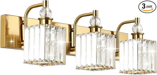 Ralbay Crystal Bathroom Vanity Lights 3-Lights 24'' Modern Crystal Gold Bathroom Lighting Fixtures Over Mirror