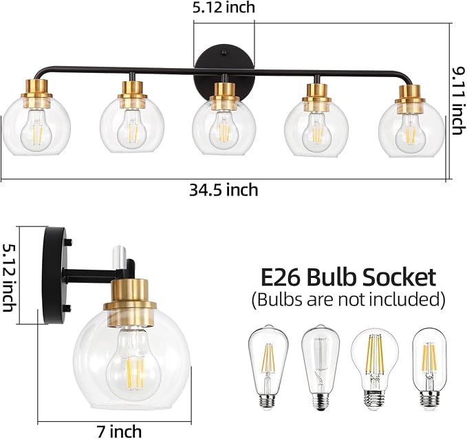 5 Light Bathroom Vanity Light, Black and Gold Bathroom Light Fixtures | with Clear Glass Shade Modern Wall Sconces Lighting Bath Wall Lights Lamp for Mirror Kitchen Living Room Bedroom Hallway