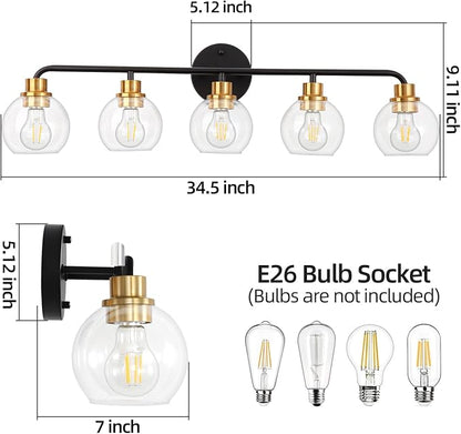 5 Light Bathroom Vanity Light, Black and Gold Bathroom Light Fixtures | with Clear Glass Shade Modern Wall Sconces Lighting Bath Wall Lights Lamp for Mirror Kitchen Living Room Bedroom Hallway