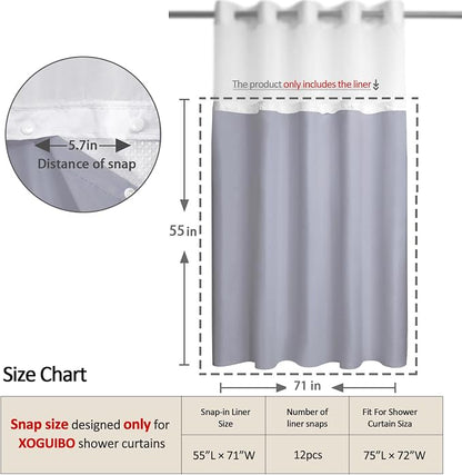 Replacement Snap-in Fabric Liner 71" W x 55" L, for 72" W x 75" L No Hook Shower Curtain - Grey