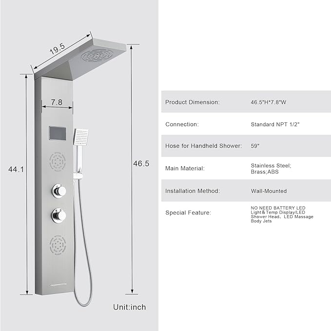 POPFLY Shower Panel Tower with LED Mist Shower Rainfall Head ＆ 2 Body Jets with LED, Tub Spout and Temperature Display, No Battery Needed Shower Tower Column System, Brushed