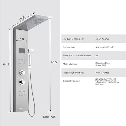 POPFLY Shower Panel Tower with LED Mist Shower Rainfall Head ＆ 2 Body Jets with LED, Tub Spout and Temperature Display, No Battery Needed Shower Tower Column System, Brushed