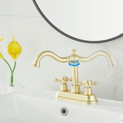 Bathroom Faucet Brushed Gold 2 Handles 4 Inches Centerset Bathroom Vanity with Drain Assembly and Supply Hose Lavatory Faucet