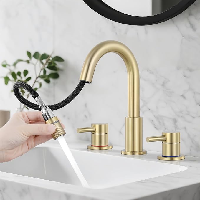 Bathroom Faucet 3 Hole, 8 Inch Widespread 2 Handle Pull Down Bathroom Sink Faucets with Pop Up Drain and 360° Swivel Spout, Brushed Gold