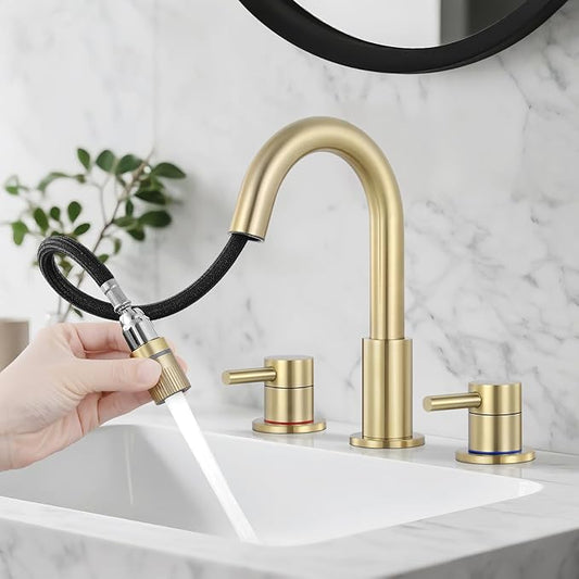 Bathroom Faucet 3 Hole, 8 Inch Widespread 2 Handle Pull Down Bathroom Sink Faucets with Pop Up Drain and 360° Swivel Spout, Brushed Gold