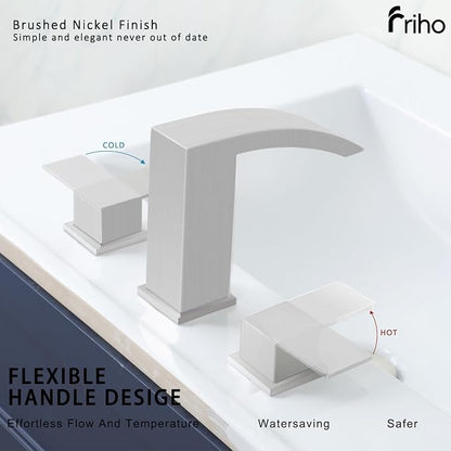 Friho Widespread Bathroom Sink Faucet 3 Hole Brushed Nickel, 2 Handles Waterfall Bathroom Faucet with Pop Up Drain and Supply Lines, FRDC17808L