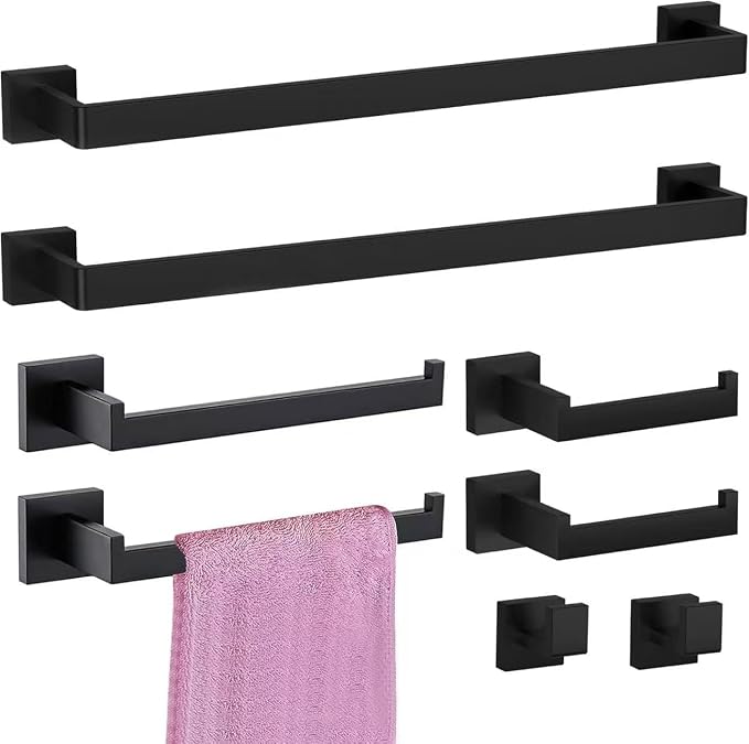 8sets Bathroom Accessories Set, Stainless Steel Bathroom Hardware Set, Towel Racks for Bathroom Wall Mounted 24 Inch Bath Towel Bar Set-Matte Black