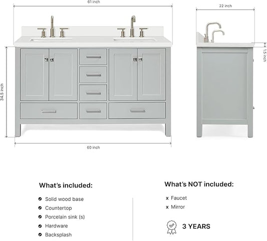 DKB Beckford 60-Inch Grey Double Bathroom Vanity with Sink, Solid Wood Base, 1.5-Inch White Quartz Countertop & Backsplash, Rectangular Undermount Sinks, 4 Soft Closing Doors, 6 Drawers