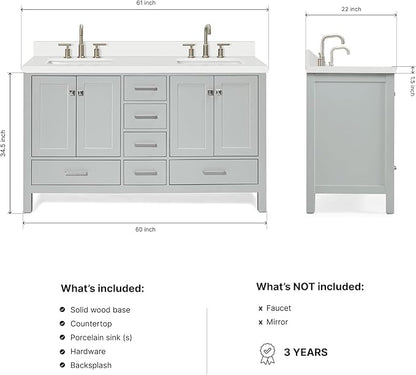 ARIEL Cambridge 60-inch Bathroom Vanity with Sink,Solid Wood, 1.5-inch Pure White Quartz Countertop & Backsplash, Double Rectangular Porcelain Sink, 4 Soft Closing Doors, 6 Dovetail Drawers, Grey
