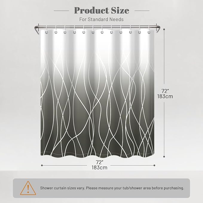 Striped Shower Curtain for Bathroom, Ombre Dark Grey, 72" W x 72" L | with Hooks, Modern Hotel Style, Water Repellent, Washable, Weighted Hem