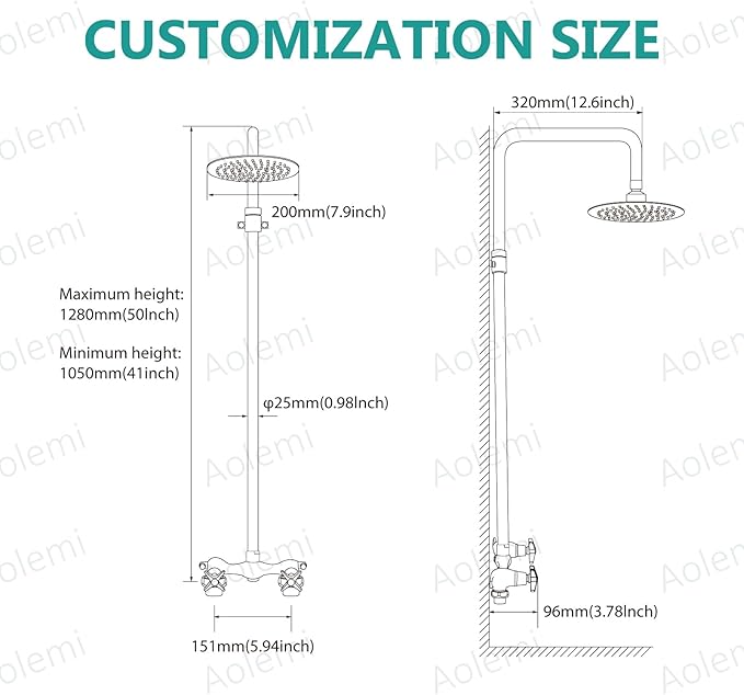 Aolemi Outdoor Shower Kit,8 Inch Rain Head,Hot and Cold,Matte Black | 2-Handle Control Outdoor Shower Fixtures,Adjustable Height,6-Inch Center Valve,Winter Drainage,Exposed Shower