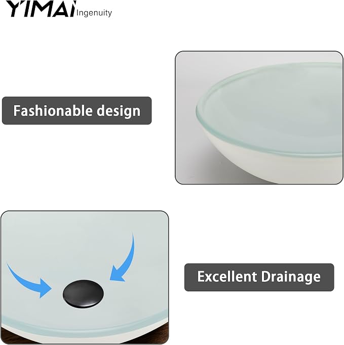 16.5" White Glass Vessel Sink with Faucet and Drain – Modern Round Countertop Bathroom Sink Bowl, Transparent Above Counter Vanity Basin for Small Spaces