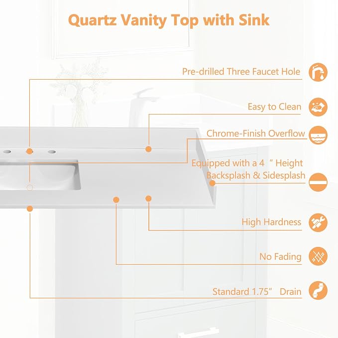 60" x 22" Vanity Top, Quartz Vanity Sink Top in Pure White, with One Sidesplash & One Backsplash, with Undermounted Sink,8 Inch Faucet Hole Spread for Vanity Top with Sink