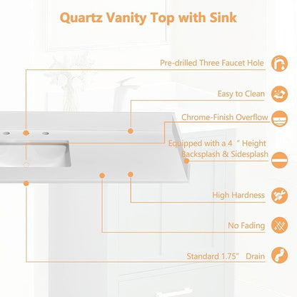 60" x 22" Vanity Top, Quartz Vanity Sink Top in Pure White, with One Sidesplash & One Backsplash, with Undermounted Sink,8 Inch Faucet Hole Spread for Vanity Top with Sink