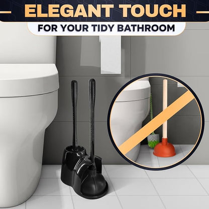 2-in-1 Black Toilet Brush and Plunger Set with Holder – Compact Bathroom Cleaning Combo, Strong Rubber Plunger & Stiff Bristle Brush, Space-Saving Stand, Fits Most Standard Toilets, 6.4×5.5×17.1 inch