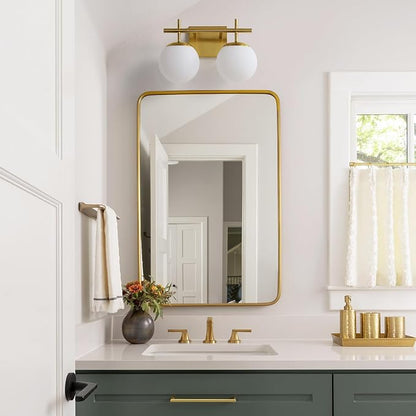 AIJIASI Gold Vanity Light, 2-Light Bathroom Lighting Fixtures Over Mirror Milky White Glass Globe Shades, Modern Vanity Lighting Fixtures Wall Sconce 14 Inch (Exclude E26 Bulb)