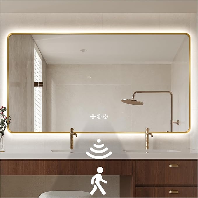 42" x 36" Gold LED Bathroom Mirror with Lights - Motion Sensor | Smart Backlit Mirror Bathroom, Anti-Fog, 3-Color Stepless Dimmable, Memory Function, Metal Framed Rounded-Corner Rectangle