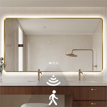 42" x 36" Gold LED Bathroom Mirror with Lights - Motion Sensor | Smart Backlit Mirror Bathroom, Anti-Fog, 3-Color Stepless Dimmable, Memory Function, Metal Framed Rounded-Corner Rectangle