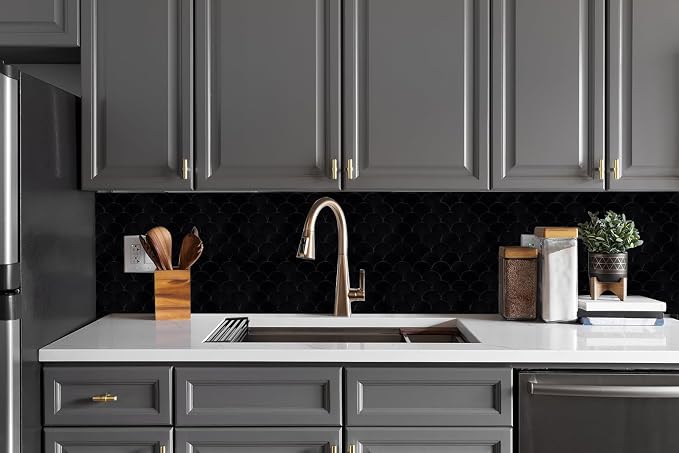 Fish Scale Black Peel and Stick Backsplash Tile, Fan Mosaic Self Adhesive Wall Tiles for Kitchen Bathroom-12 Sheet