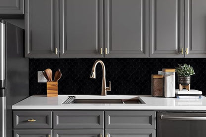Fish Scale Black Peel and Stick Backsplash Tile, Fan Mosaic Self Adhesive Wall Tiles for Kitchen Bathroom-12 Sheet