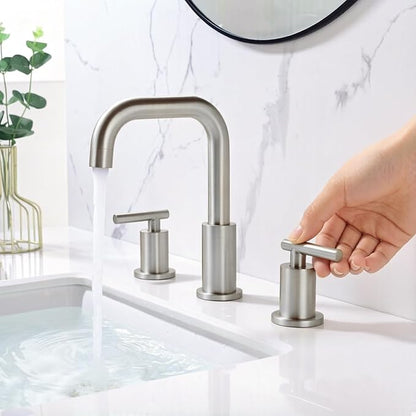 TRUSTMI Brushed Nickel Bathroom Faucet 8" Widespread, Swivel Spout & Drain | Heavy-Duty Brass Construction, Includes Overflow Drain & cUPC Supply Lines, fits 3-Hole 6–12" Vanity Sinks, Easy to Install