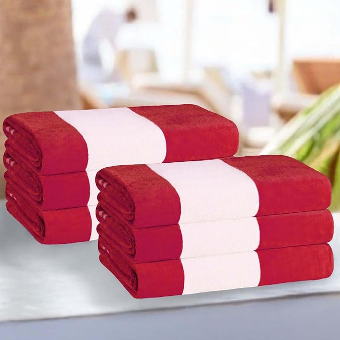 Superior Cotton Striped Beach Towels, Colorful Towels for Adult, Kid, Pool, Swimming, Sand, Travel, Large Oversized, Absorbent, Fast Drying, Bath Basics, Cabana Collection, Set of 6, Red