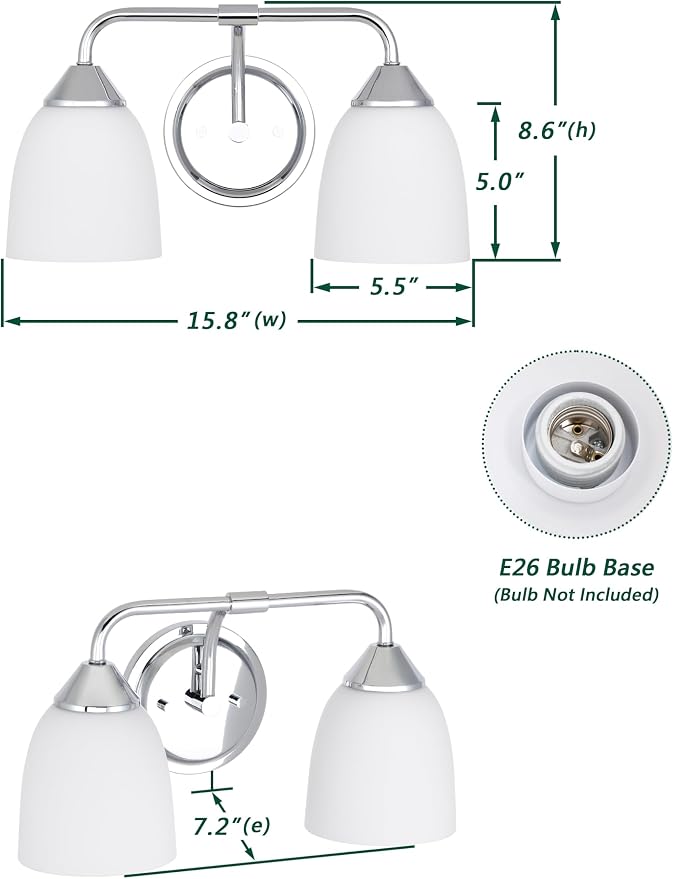 Chrome 2-Light Traditional Bathroom Vanity Light Fixtures Over Mirror, Modern Vanity Lights for Living Room, Standard E26 Base, Chrome