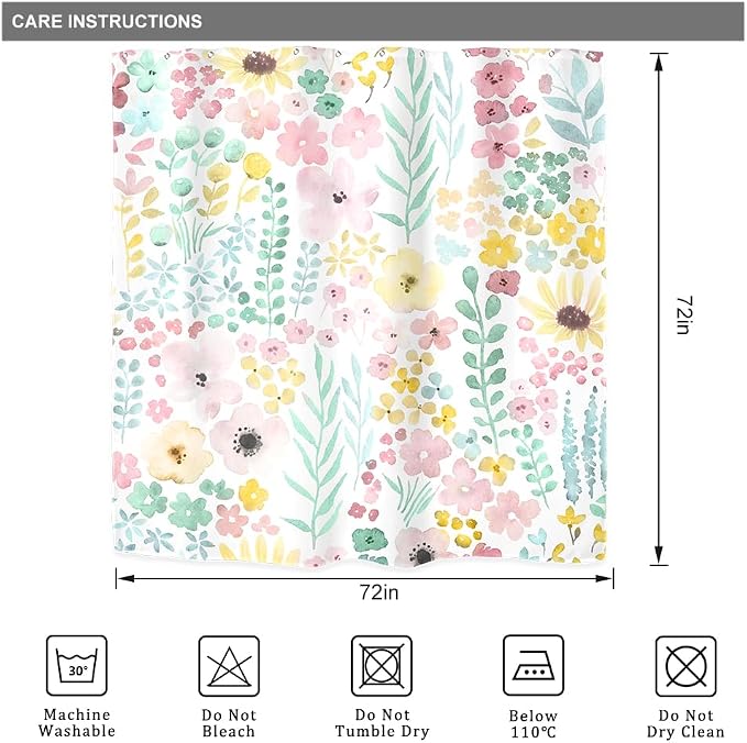 Sage Green Floral Cute Boho Watercolor Plants Bathroom Shower Curtain Set | 72"W x 72"H Girly Spring; waterproof HD print, quick-dry fabric with 12 hooks for easy hanging.