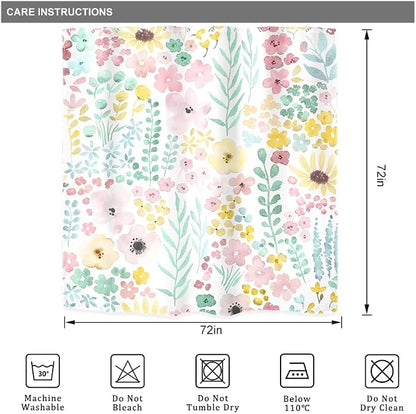 Sage Green Floral Cute Boho Watercolor Plants Bathroom Shower Curtain Set | 72"W x 72"H Girly Spring; waterproof HD print, quick-dry fabric with 12 hooks for easy hanging.