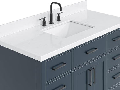 Isabella 48-Inch Bathroom Vanity with Sink — Midnight Blue Single Sink Bathroom Vanity, 1.5" Edge Carrara Quartz Countertop, Solid Wood, 2 Soft-Close Doors, 8 Dovetail Drawers + Tilt Drawer