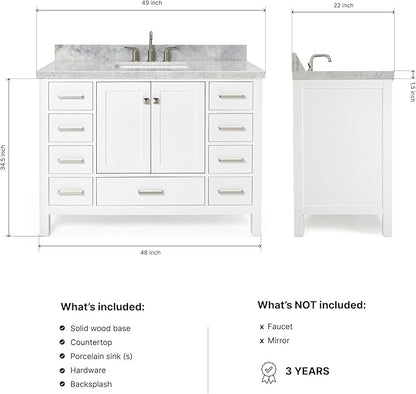 ARIEL Cambridge 48-inch Bathroom Vanity with Sink,Solid Wood, 1.5-inch Italian Carrara Marble Countertop, Single Rectangular Porcelain Sink, 2 Soft Closing Doors, 9 Dovetail Drawers, White