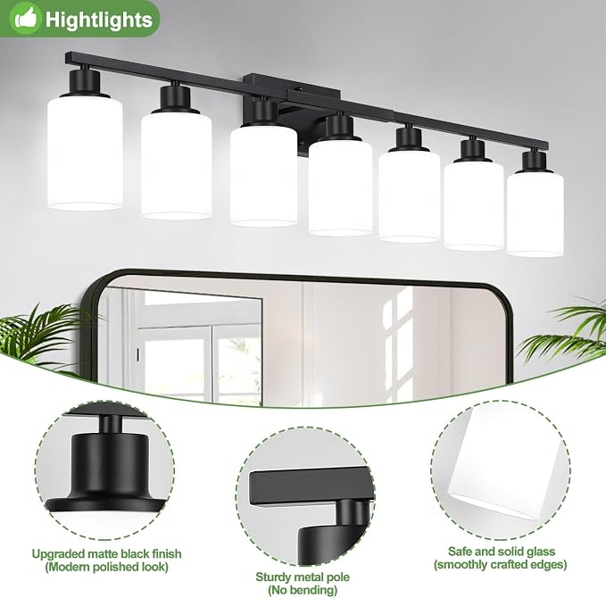 Indoi 7-Light Bathroom Light Fixtures, Matte Black Modern Vanity Lights with Milky White Shades, Bathroom Wall Lamp for Mirror Living Room Cabinet Bedroom Porch