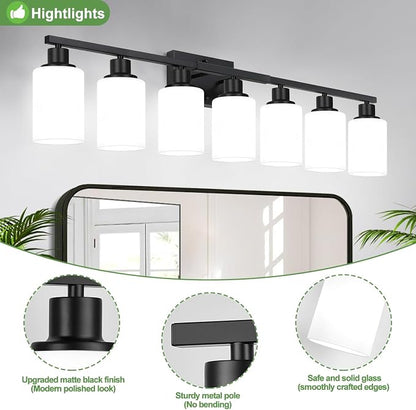 Indoi 7-Light Bathroom Light Fixtures, Matte Black Modern Vanity Lights with Milky White Shades, Bathroom Wall Lamp for Mirror Living Room Cabinet Bedroom Porch
