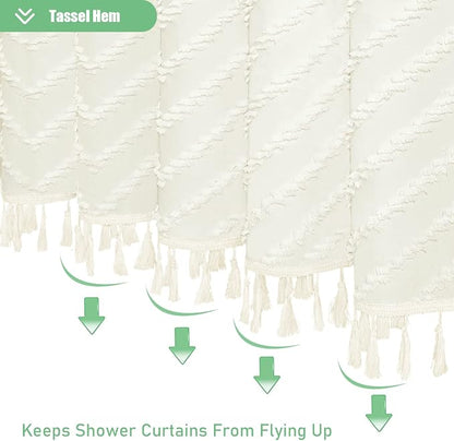 Long Boho Farmhouse Shower Curtain Tufted Chevron 72"x78" Cream | 78 Inch Tall, Elegant Tassel, Lightweight Textured Fabric, Water Repellent, Washable, Hotel Spa, for Bathroom/Dorm 12 Hooks