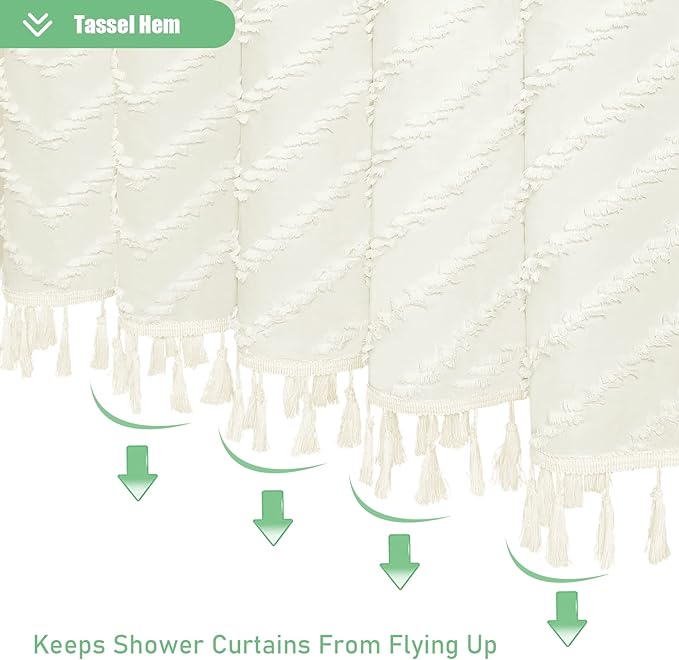 Stall Boho Farmhouse Shower Curtain Tufted Chevron 48"x72" Cream | 48 Inch Wide, Elegant Tassel, Lightweight Textured Fabric, Water Repellent, Washable, for Narrow Bathroom/Dorm 8 Hooks