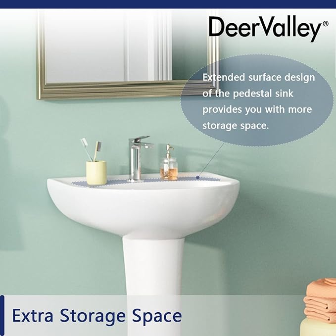 DeerValley Ally 20x16.54 Inch U-Shape White Ceramic Pedestal Sink with Overflow, Modern Bathroom Pedestal Sink, DV-1P525