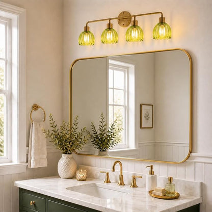 4-Light Gold Brass Bathroom Light Fixture,Wall Sconces,Brushed Gold Vanlity Light Over Mirror,Bathroom Vanity Light with Green Glass Flower Shade,E26 Socket(Bulbs Not Included)