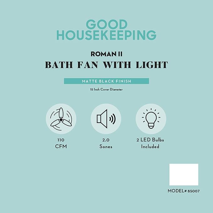 Good Housekeeping (85007) Roman II Decorative 110 CFM 2.0 Sones Bathroom Ventilation Exhaust Fan with Light in Matte Black (LED Bulbs Included)