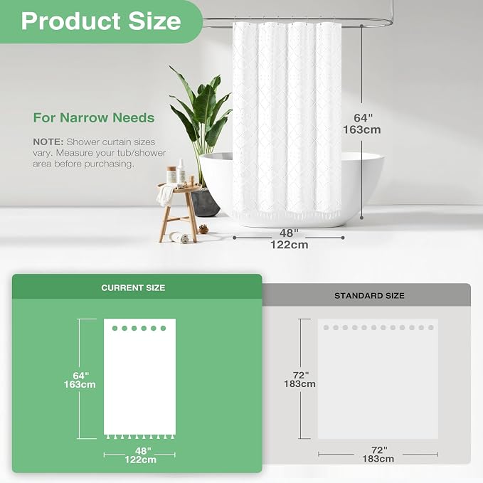 Stall Boho Farmhouse Shower Curtain Tufted Geometric 48"x64" White | 48"W x 64"L, Elegant Tassel, Lightweight Textured Fabric, Water Repellent, Washable, for Narrow Bathroom/Dorm 8 Hooks