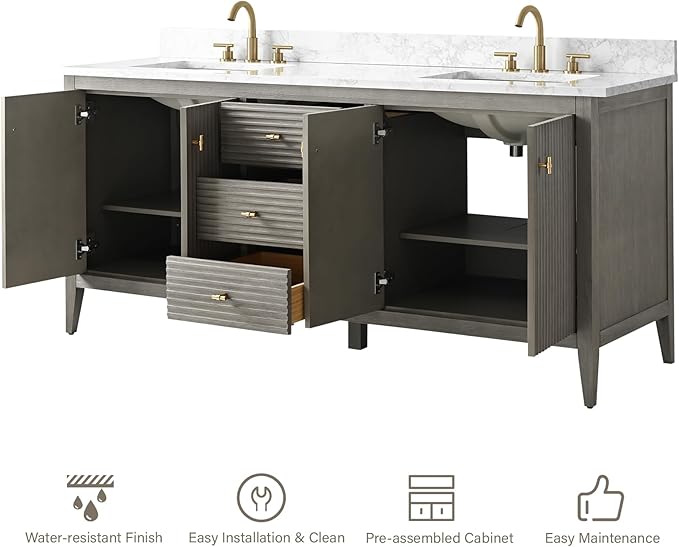 HOMEBEYOND 72" Bathroom Vanity with Double Sink, Solid Wood Bathroom Vanity Free-Standing Cabinet, Ceramic Top & Soft Closing Door, Golden Brushed Handware, Driftwood Gray
